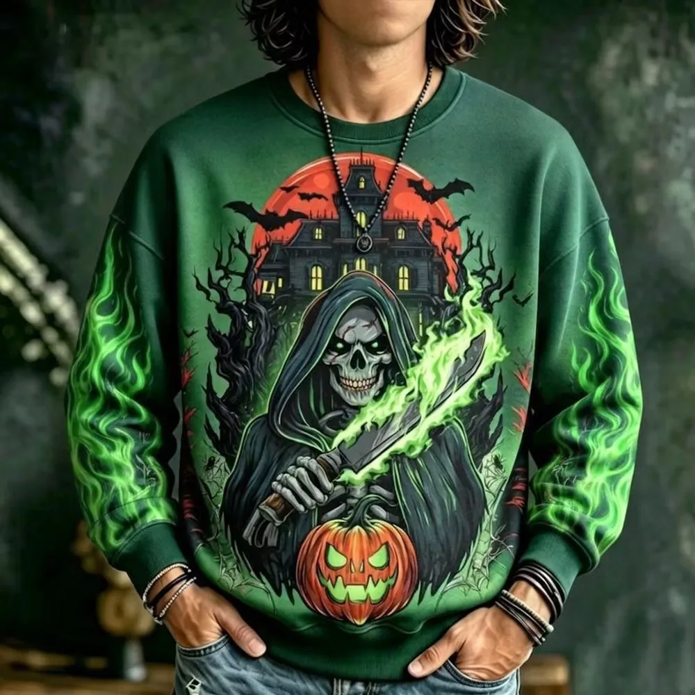 Men Retro Halloween Floral Skull Hoodie Vintage Flower Pumpkin Skull 3D All‑Over‑Print Drawstring Pocket Pullover Sweatshirt