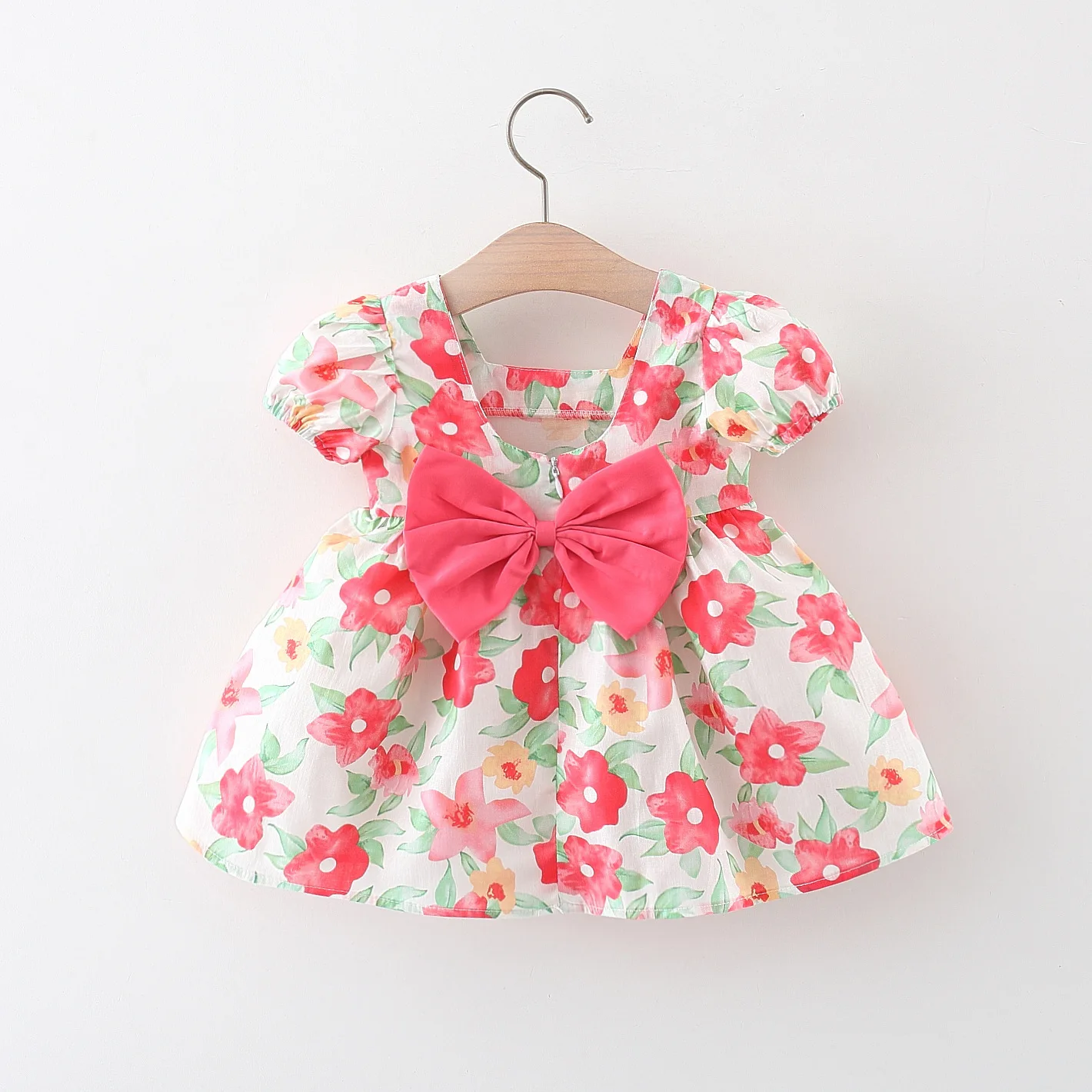 Baby Girl Summer Cotton Love Print Bow Small Square Neck Dress Girl Korean Fashion Bubble Sleeve Party Dress