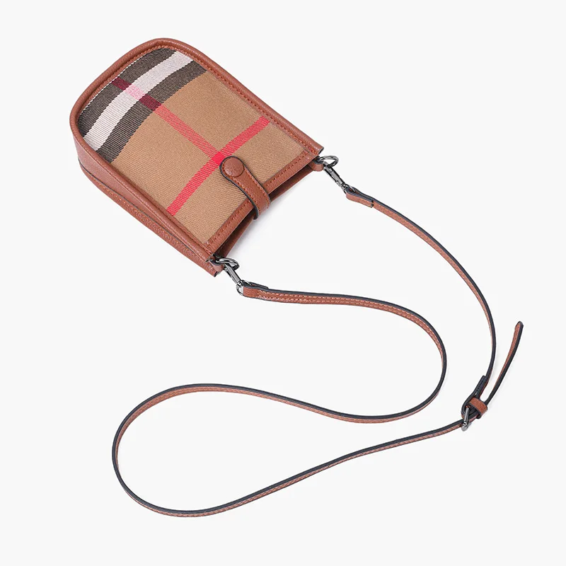 Nuevo bolso para teléfono móvil con lona a cuadros y bolso de hombro tipo bandolera de cuero genuino, elegante, de alta gama, ligero, de lujo