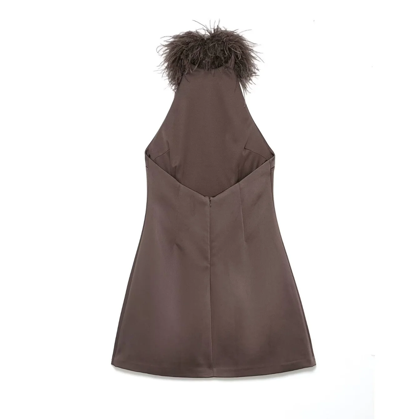 เดรสสั้นคอขนเฟอร์สำหรับผู้หญิง แฟชั่นโชว์หลัง ดีไซน์หรูหรา แต่งขนนก เหมาะสำหรับงานปาร์ตี้