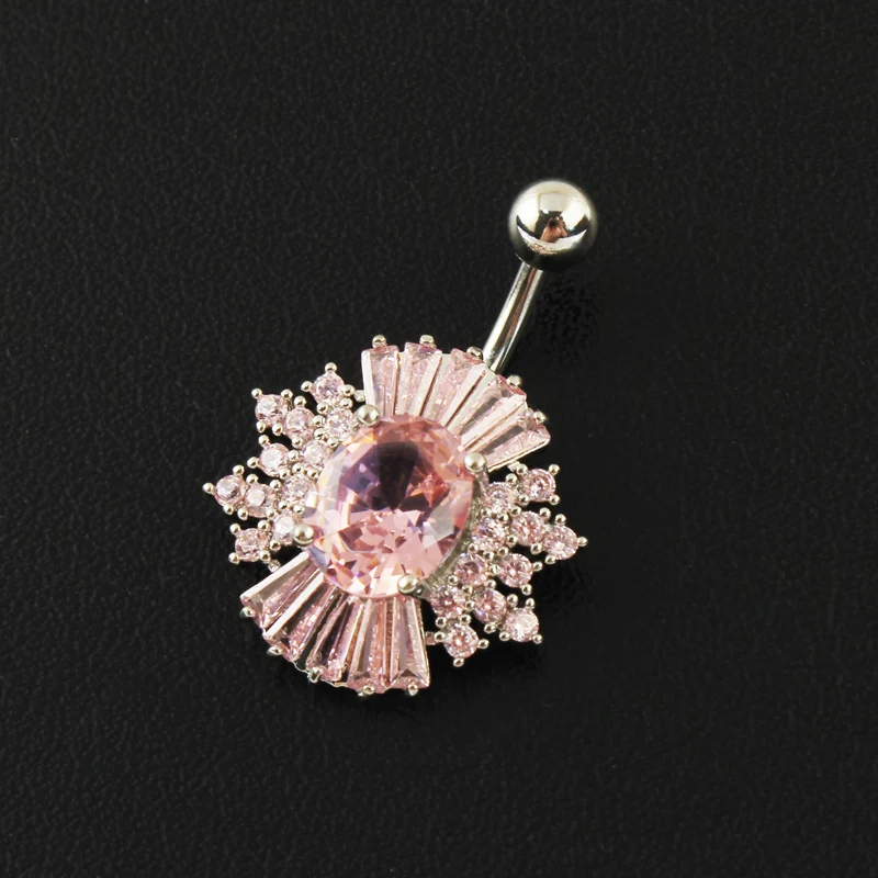 Belly Button Ring Cubic Zirconia Big Stones Clear Pink 14G Stailess Steel Rod Body Piercing Flower Navel Bar Umbilical Jewelry