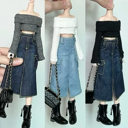 New Handmade Blythe Doll Clothes Off Shoulder Sweater Knit Tops and Split Denim Long Skirt Mini Dress for Blyth OB24 1/6 Dolls