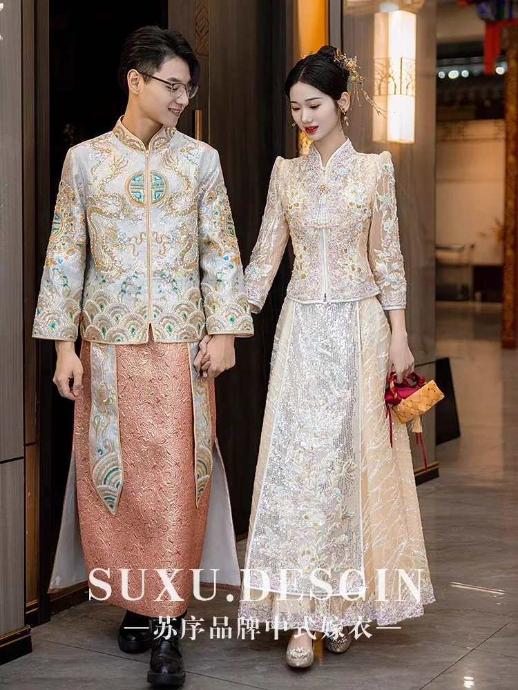 

Champagne Xiuhe Dress Bride Heavy Industry Evening Party Senior Gold Chinese Wedding Dress Luxury Toasting Women Tang Suit Set