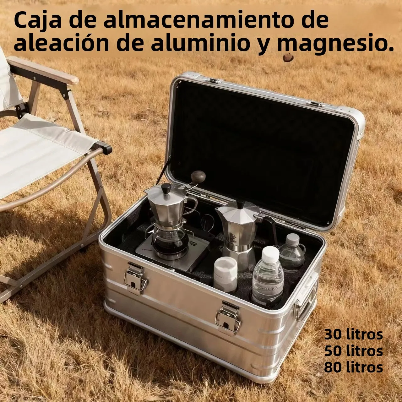 Caja de Almacenamiento de Viaje de Aleación de Aluminio de 30L 50L 80L, Caja de Almacenamiento Plateada para Camping, Hogar, Coche, Picnic, Viajes, Almacenamiento al Aire Libre