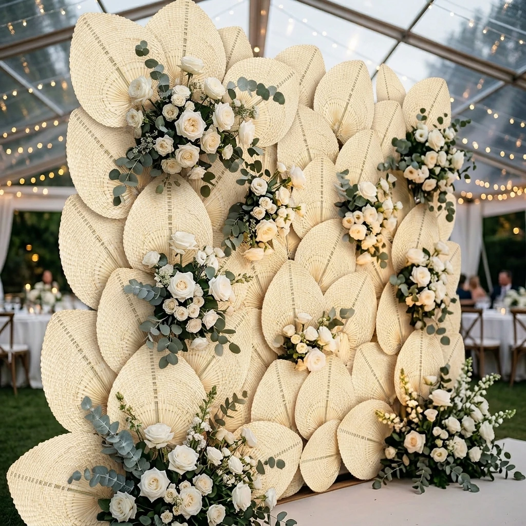 Handmade Woven Fan Wall Decor Set - Large Raffia Palm Leaf Wall Art for Boho Home Rustic Wedding Backdrop Sustainable Farmhous
