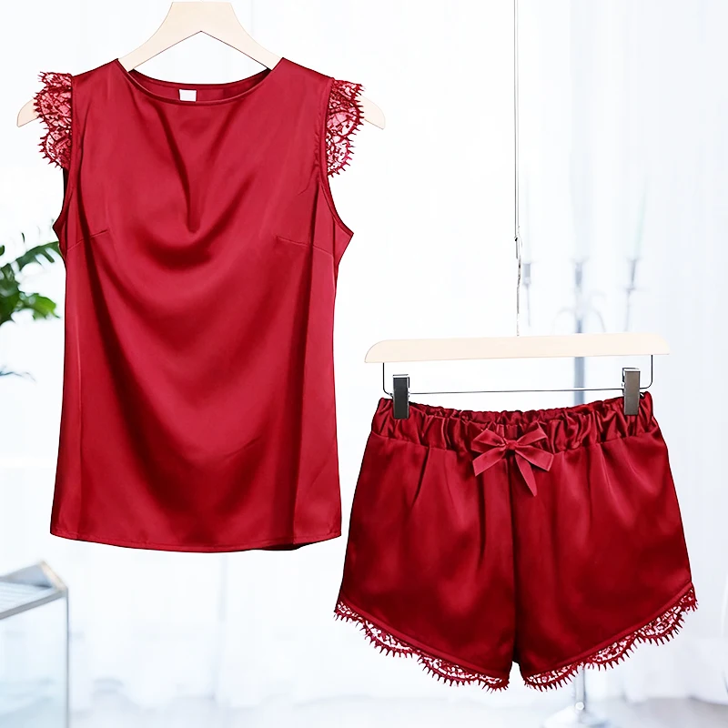 New Style Home Pajamas Simulation Silk One-Piece Suit Hollow Back Sexy Suspenders Solid Color Balck Sleepwear Homewear 2PCS/Set