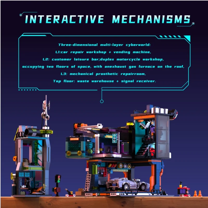 Blocos de construção de cidade de reparo cibernético futuro punk cidade modelo de arquitetura para crianças brinquedos presentes de aniversário ornamento de mesa com led