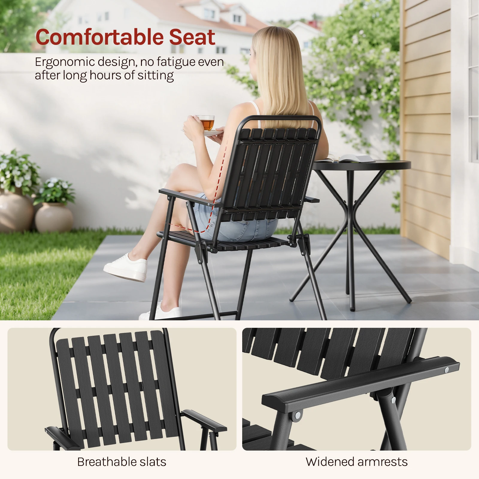 WOLTU Balkonmöbel-Set, runder Outdoor-Tisch mit 2 Klappstühlen, Metallrahmen, wetterfeste Outdoor-Sitzgelegenheit für Balkon, Terrasse, Garten. – Detail 9