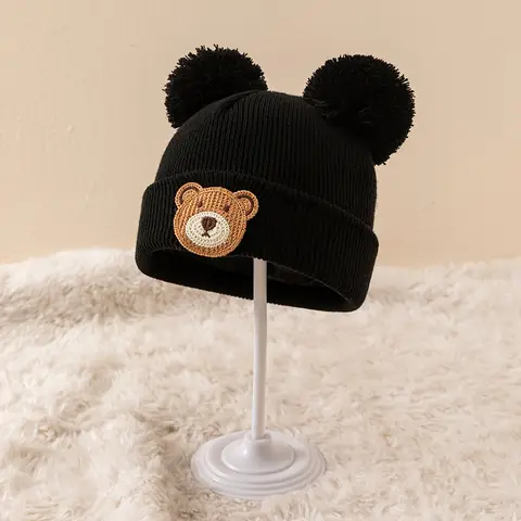 1pc Double-Line Ball Bear Winter-Spring Outdoor Knitted Hat, suitable for 0-3 years old for daily outdoor wear beanie