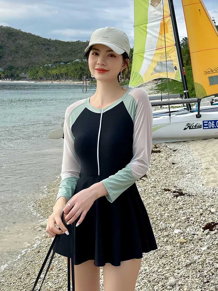 

Женский слитный купальник-платье с коротким рукавом, консервативный, с высокой талией, для термальных источников, повседневный, нейлоновый, летний