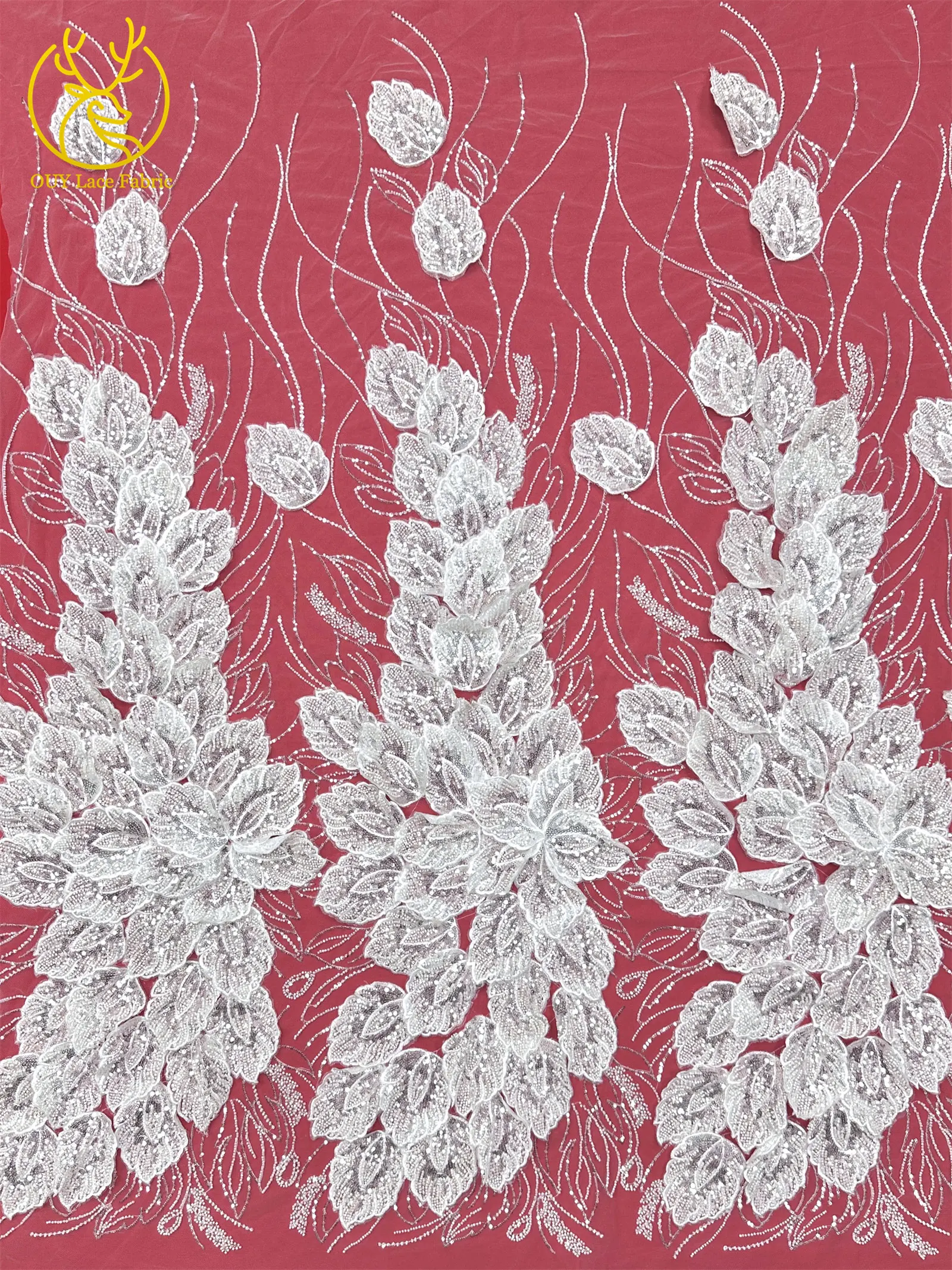Nigerianischer 3D-Stickerei-Blatt-Spitzenstoff 5 Yards Afrikanische DIY-Stickerei Perlen-Pailletten-Spitze Tüll-Netzspitze Damen-Abendkleid – Detail 12