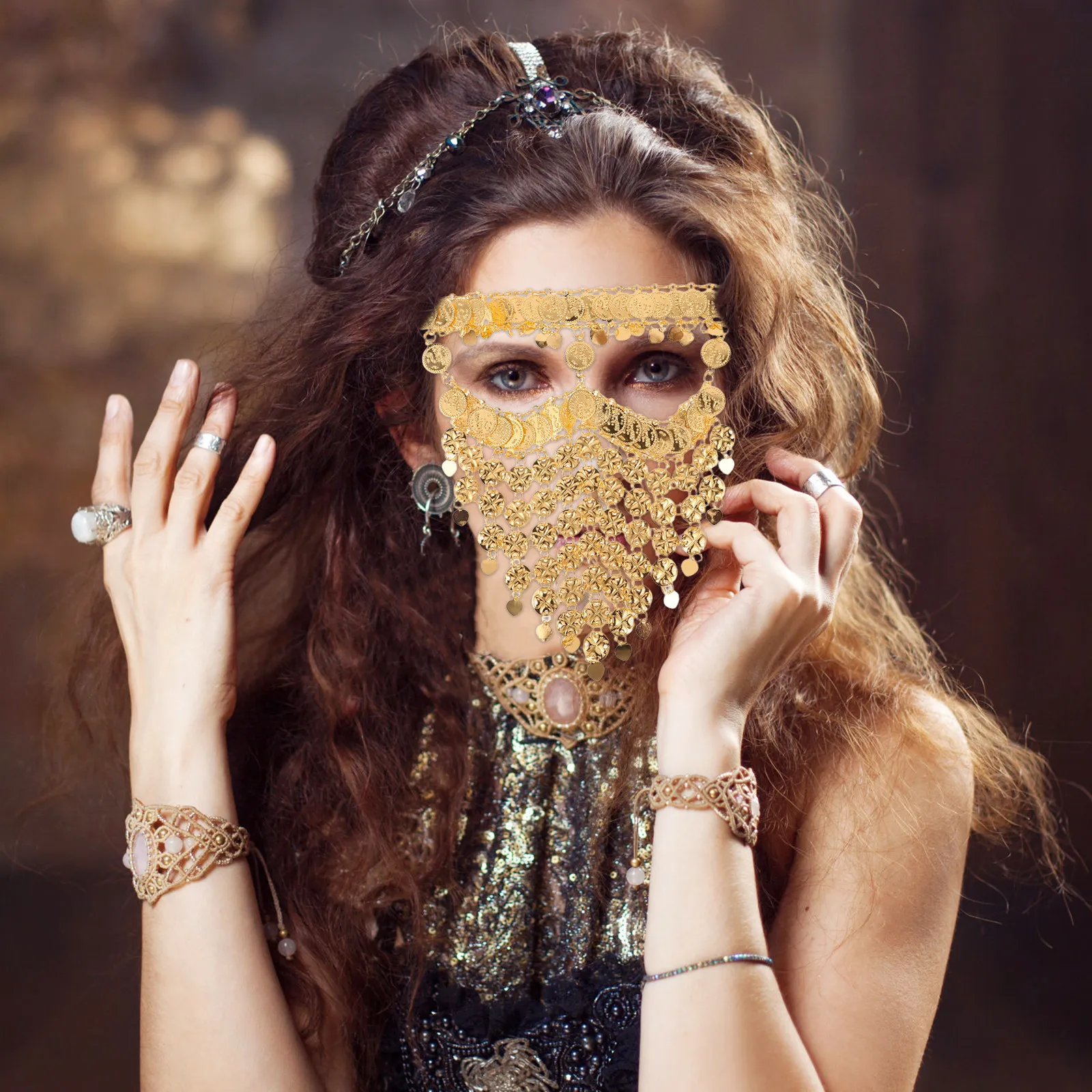 Velo facial para danza del vientre con monedas metálicas brillantes, accesorio de disfraz tribal árabe para Halloween, actuaciones y danza escénica
