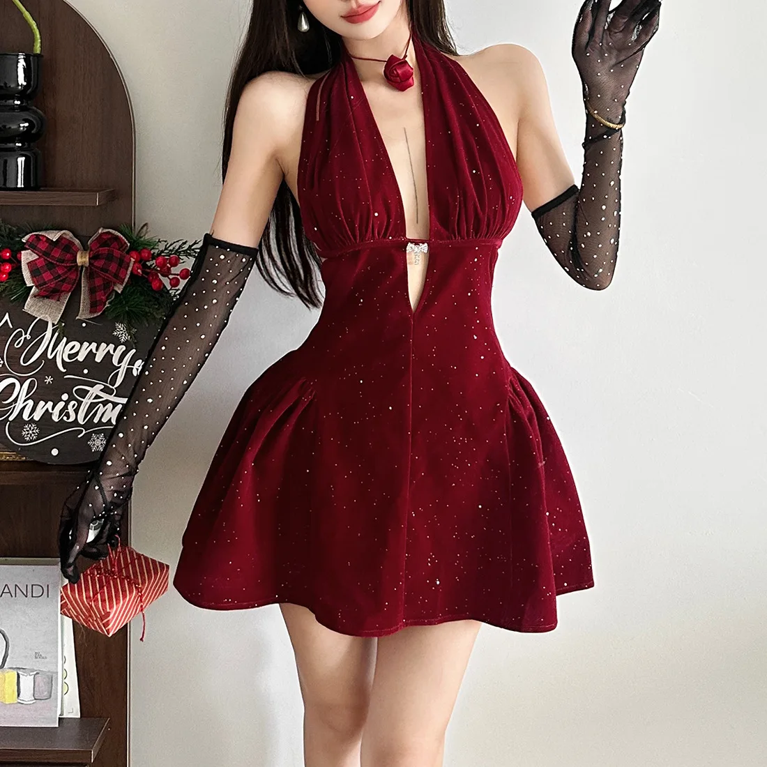 SKMY 2026 Winter Neue Frauen Kleidung Neckholder Tiefem V Glitter Abnehmen A-Line Kurze Kleider Party Clubwear Ärmelloses Kleid
