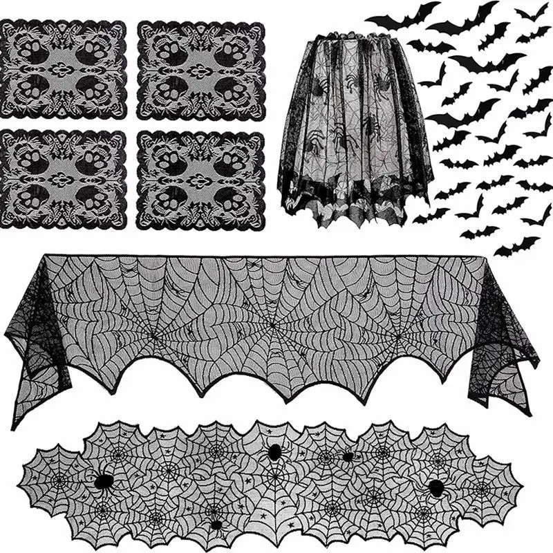 

hot Halloween Lace Table Runner Black Spider Web Tablecloth Fireplace Cover Mantel Halloween Decoration Home Party Cloth Cover