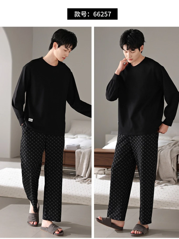 한국 젊은 남성 잠옷 코튼 크루 넥 스트라이프 긴팔 바지 캐주얼 대형 루즈 청소년 Loungewear 정장 잠옷
