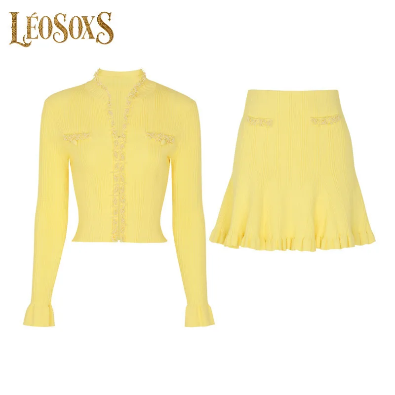 LEOSOXS Women's Knit Two - Piece Outfit Embellished Cardigan and Ruffled Mini Skirt for Sophisticated Daily Look 2025