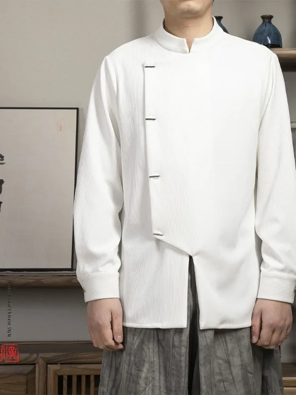 

Мужская рубашка свободного кроя с длинным рукавом и воротником-стойкой в традиционном китайском стиле, асимметричный дизайн, стандартный размер