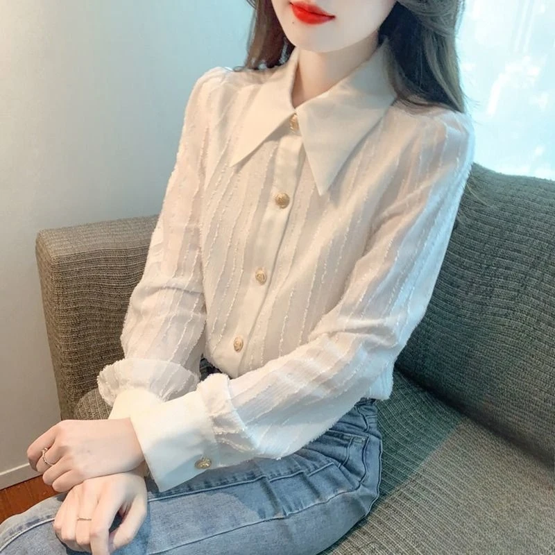Camicetta bianca elegante a maniche lunghe da donna Colletto stile francese 2026 Camicia casual chic dal design alla moda per l'uso quotidiano in ufficio ​