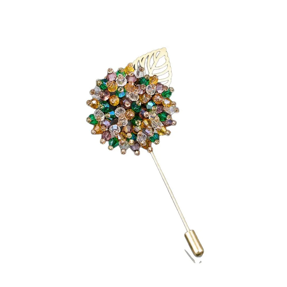 Black Crystal Flower Lapel Pin, Handmade Beaded Brooch with Gold Leaf, Elegant Accessory for Suits & Scarves