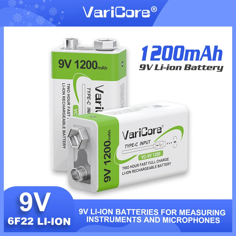 بطارية ليثيوم VariCore عالية السعة 9 فولت 1200 مللي أمبير في الساعة قابلة لإعادة الشحن مع كابل USB للاستخدام اليومي لأجهزة استشعار الأجهزة الطبية