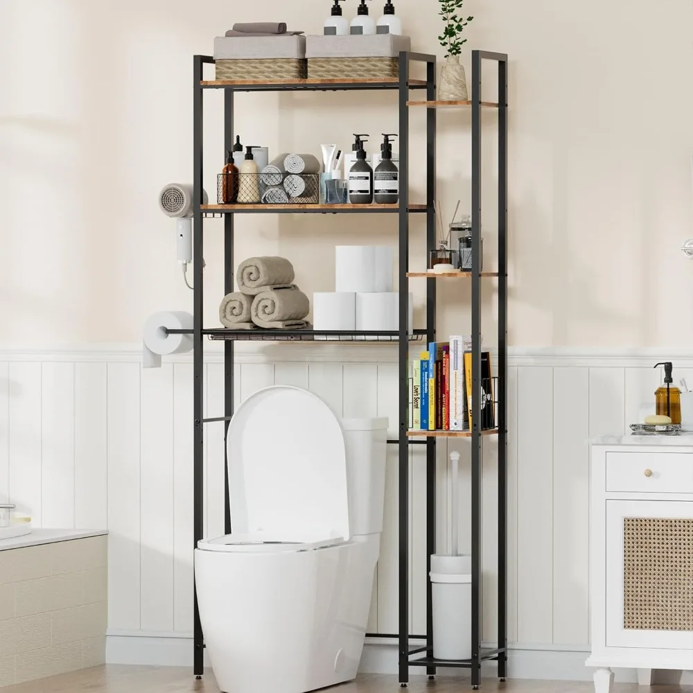 

Стеллаж для хранения над унитазом, 7-уровневый органайзер для ванной комнаты над унитазом с деревянной полкой, держатель для туалетной бумаги, боковая полка, Freestand