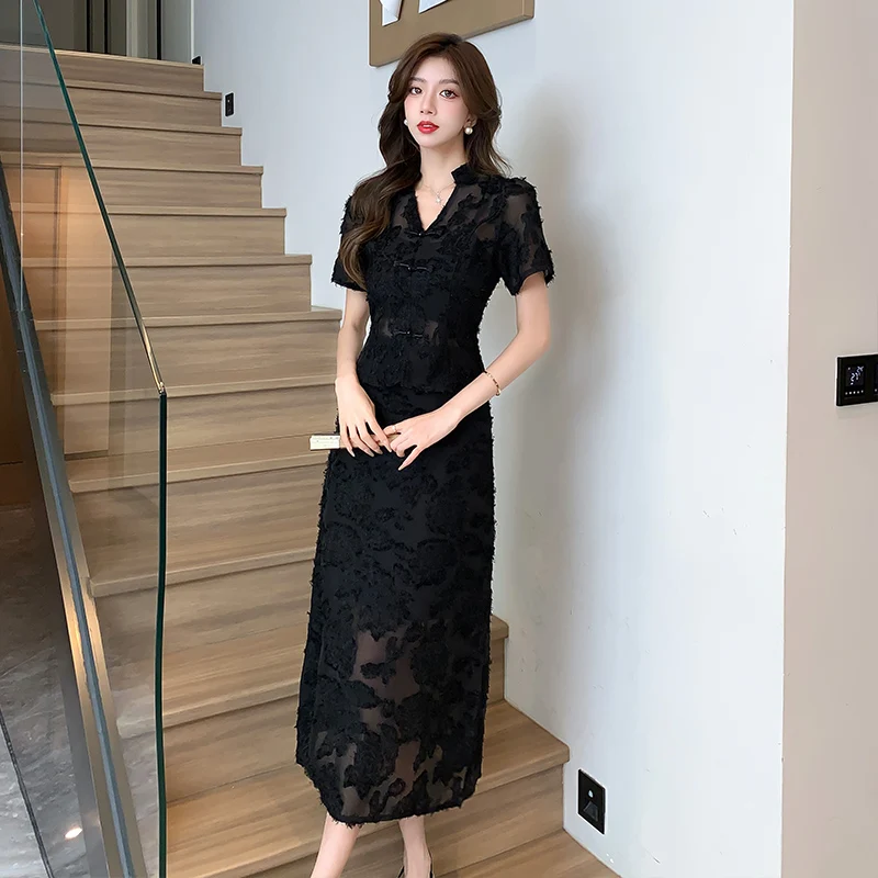 Chinese Style Summer Black Two Piece Set Elegant Women V Neck Single Breasted Tassel Shirt+High Waist Long Fringed Skirt Suits