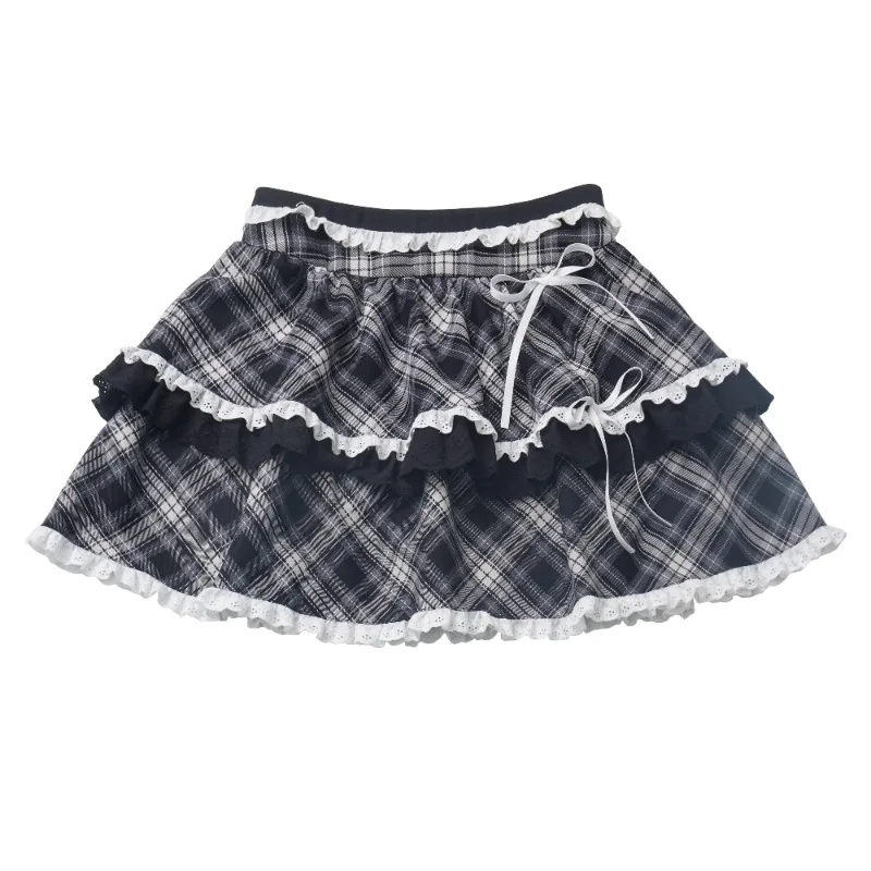 Rabbit Ear Hooded Removable Sleeves Black White Plaid Cake Skirt Summer New Zipper Long Sleeved Short Sweatshirt Kawaii Skirts
