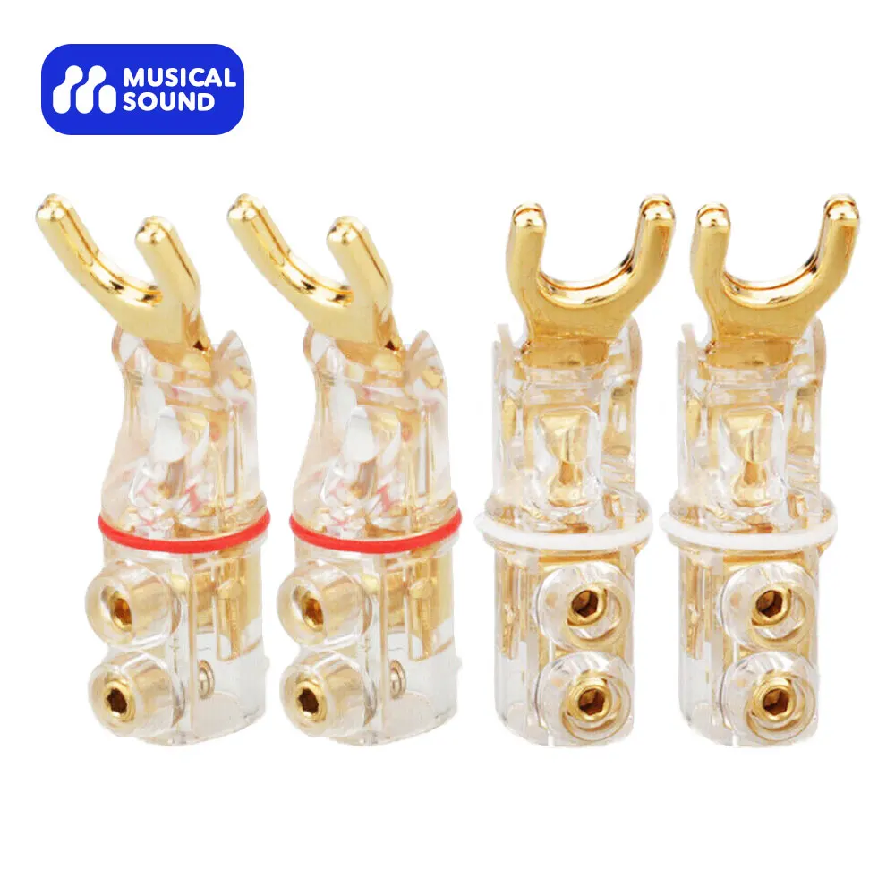 Musical Sound 4PCS U/Y-Spade Lockable Banana Connector For Audio Speaker Cable 24K Gold Plated Banana Plug with Screw Lock