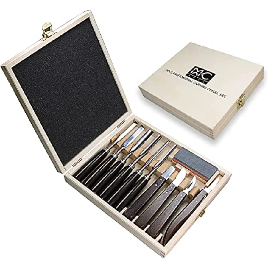 

Woodworking 11 PC Carving Chisel Set with Wooden Storage Case - Gouges, Chisels and knifes for Hobbyists and Professional Wood