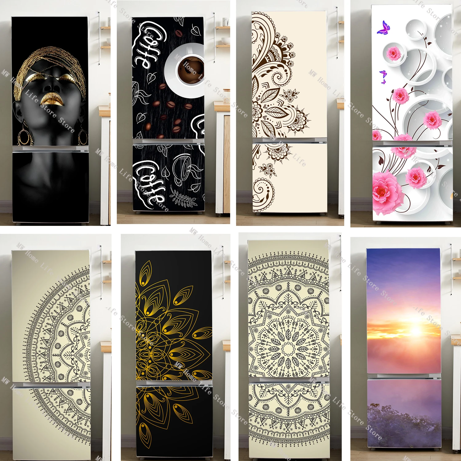 

Modern Fashion Refrigerator Stickers Black Pattern Refrigerator Door Cover Wallpaper Mural Removable Wall Sticker