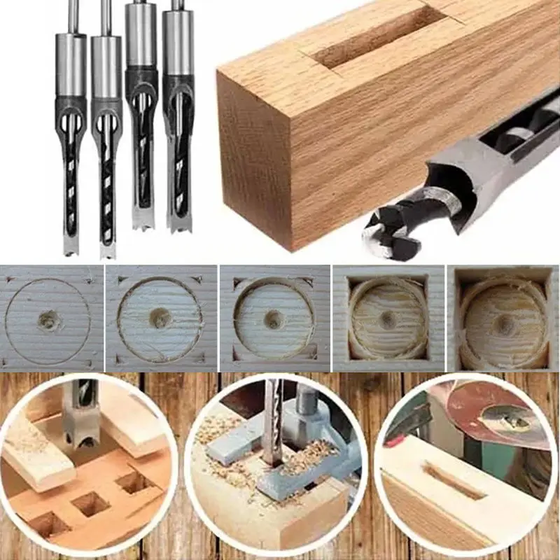 4Pcs Set Woodworking Tools HSS Square Hole Drill Bit Auger Bit Steel Mortising Drilling Craving Carpentry Tool Woodworking Drill