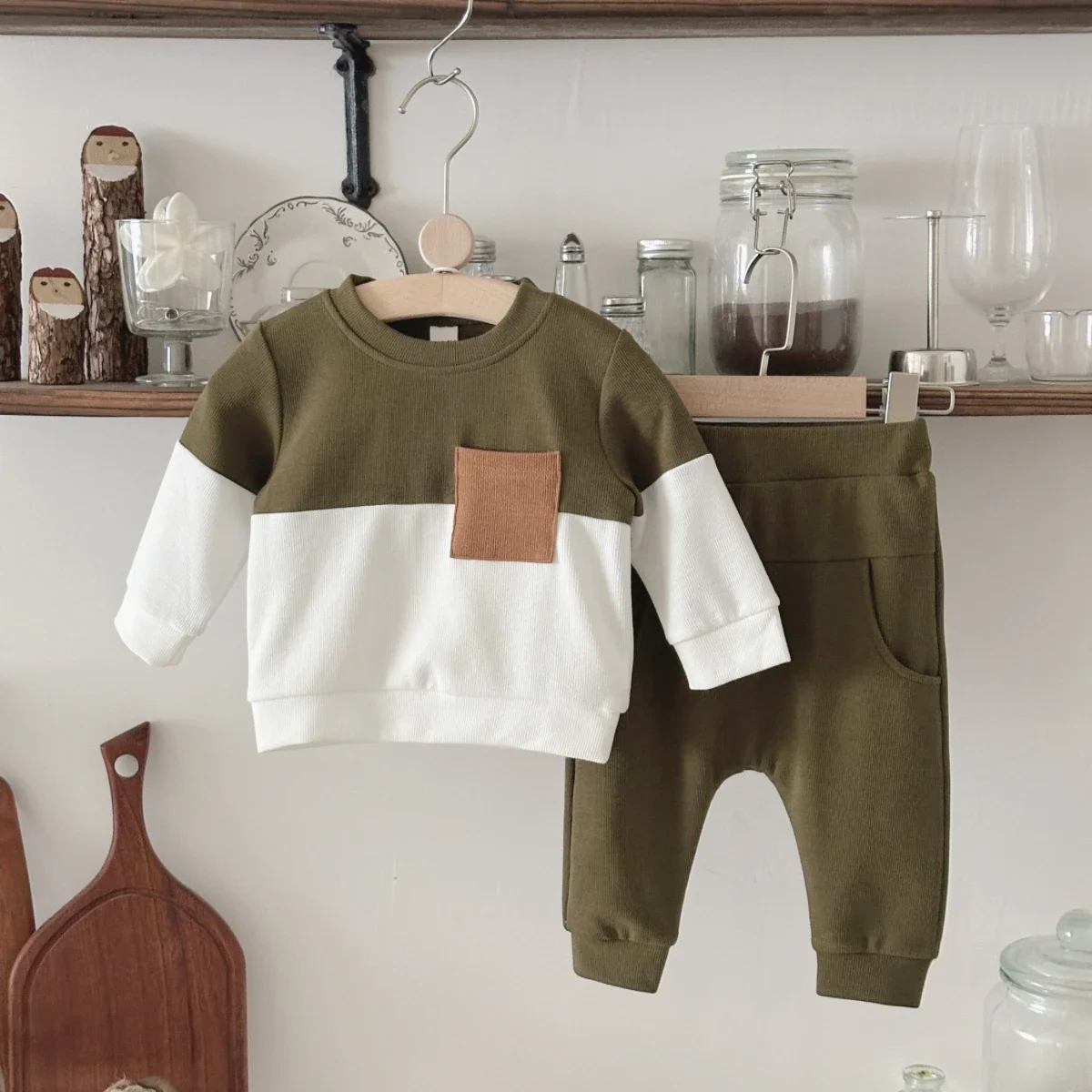 Newborn Waffle Knit Clothes Set Baby Boys Color Block Long Sleeve Top & Jogger Pants 2Pcs Outfit