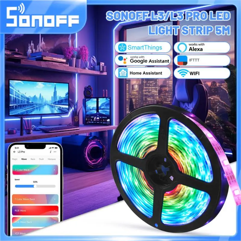 

SONOFF L3 5M RGB RGBIC Wi-Fi Умные светодиодные ленты Беспроводной пульт дистанционного управления Голосовой/Type C DC5V Адаптер Умный домашний помощник Alexa Yandex