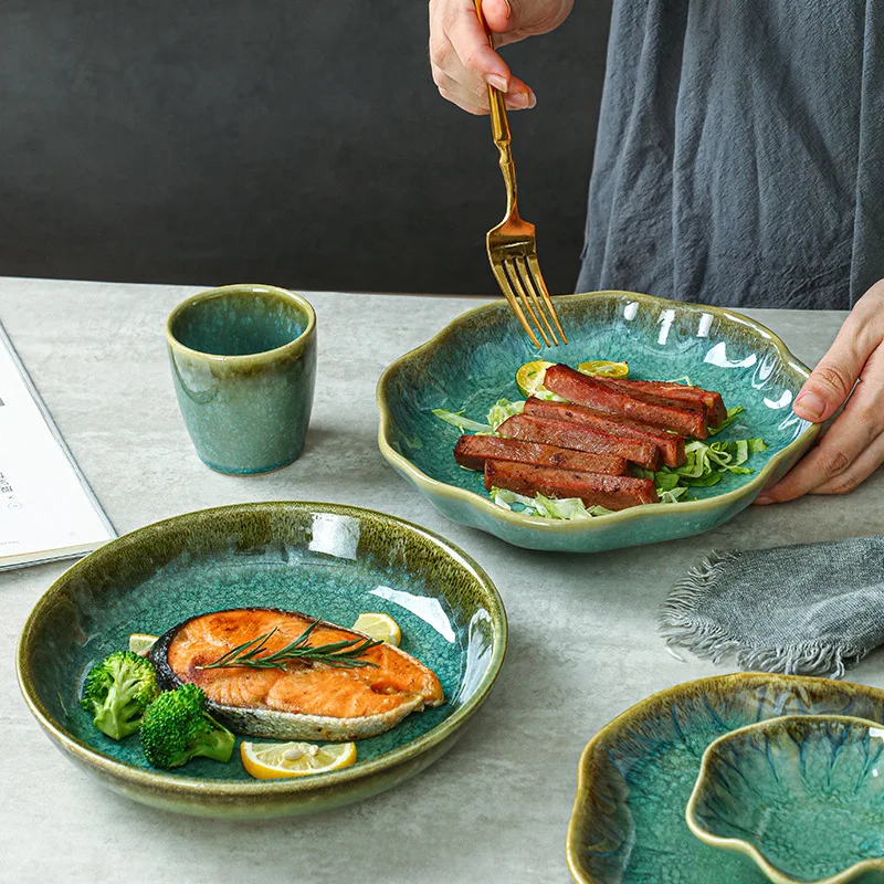 LingAo-Japanese Kiln Glazed Porcelain Bowl Retro light luxury bowl, plate, dish, cutlery set