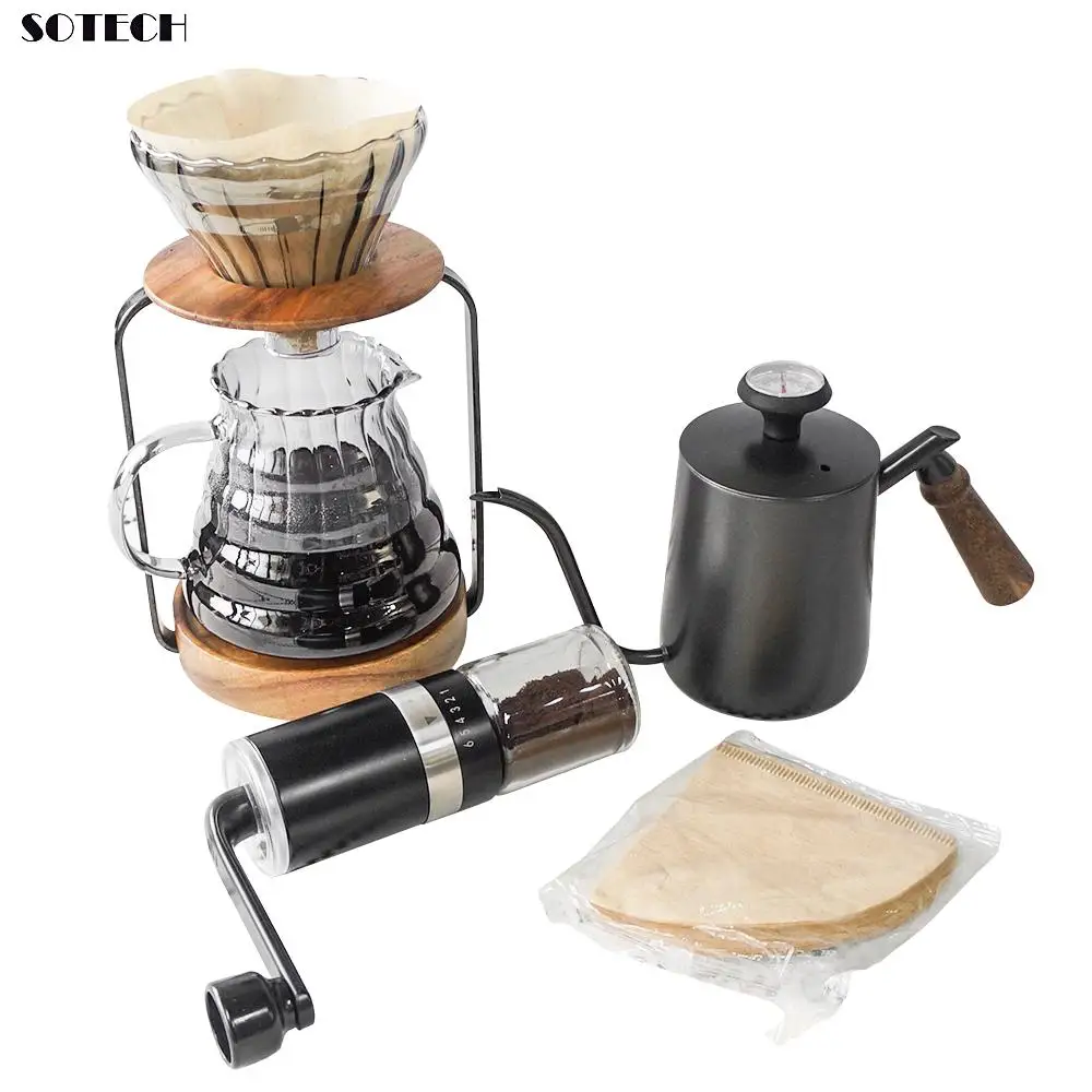 Portable Pour Over Coffee Maker Set for Camping,Picnic,Travel,Home Party,with Stand,Dripper,Kettle,Manual Grinder,Server,Filters