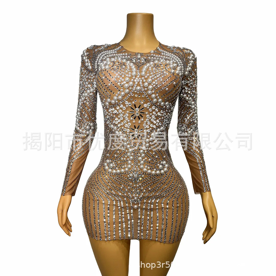 

Long Sleeve Pearl Skinny Sexy Birthday Dress Cocktail Party Night Short Performance Dress Petals Vestidos Invitada De Boda Mujer
