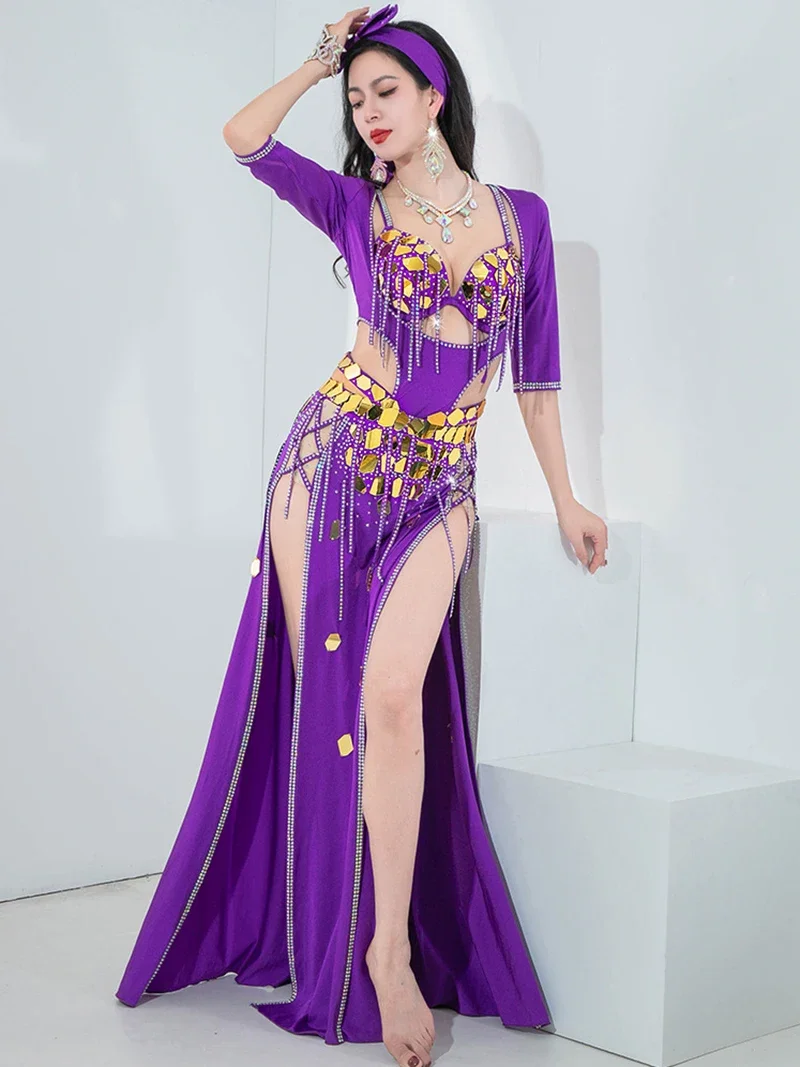 Women Adult Sequin Flash Drill Belly Dance Clothing Dynamic Tassel Chain Split Dancewear Competition Stage Performance Costumes