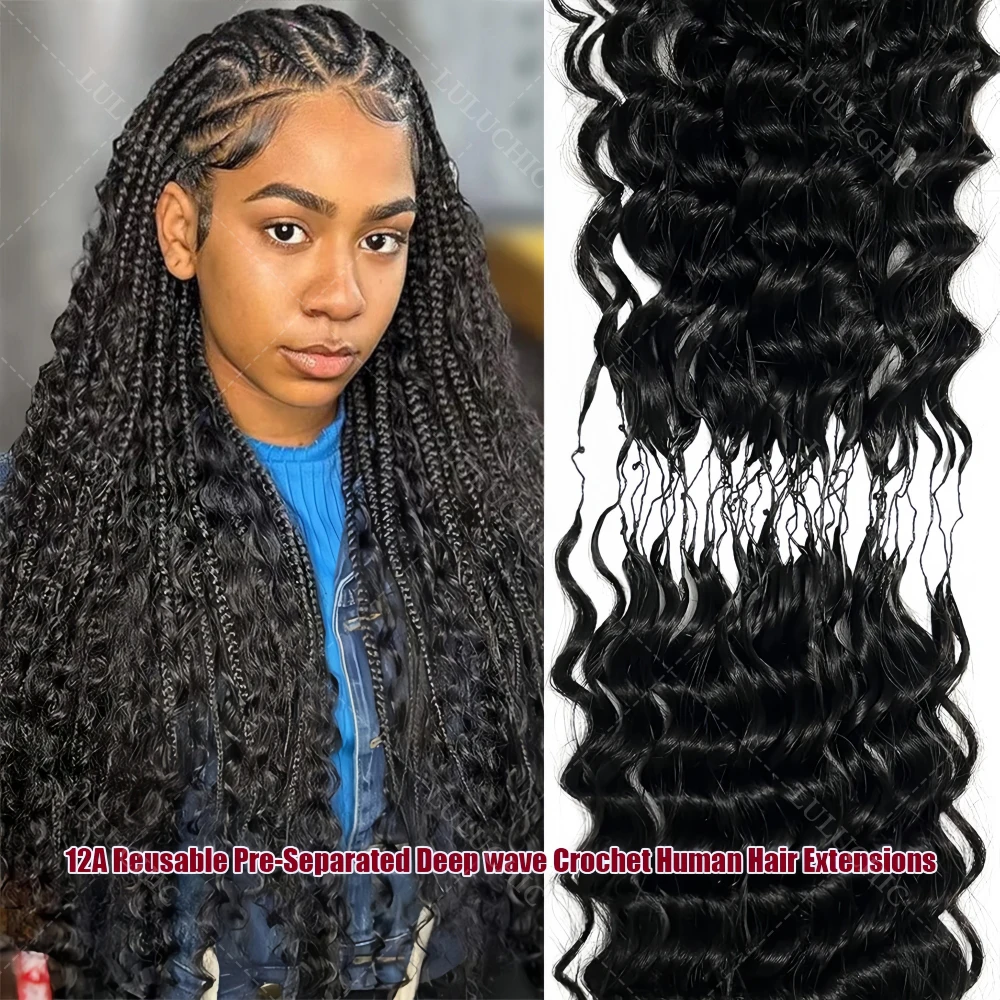 

12A Deep Wave Full Head Human Crochet Hair Pre Looped & Twisted Invisible Knots Curly Reusable Feather Crochet Hair Extensions