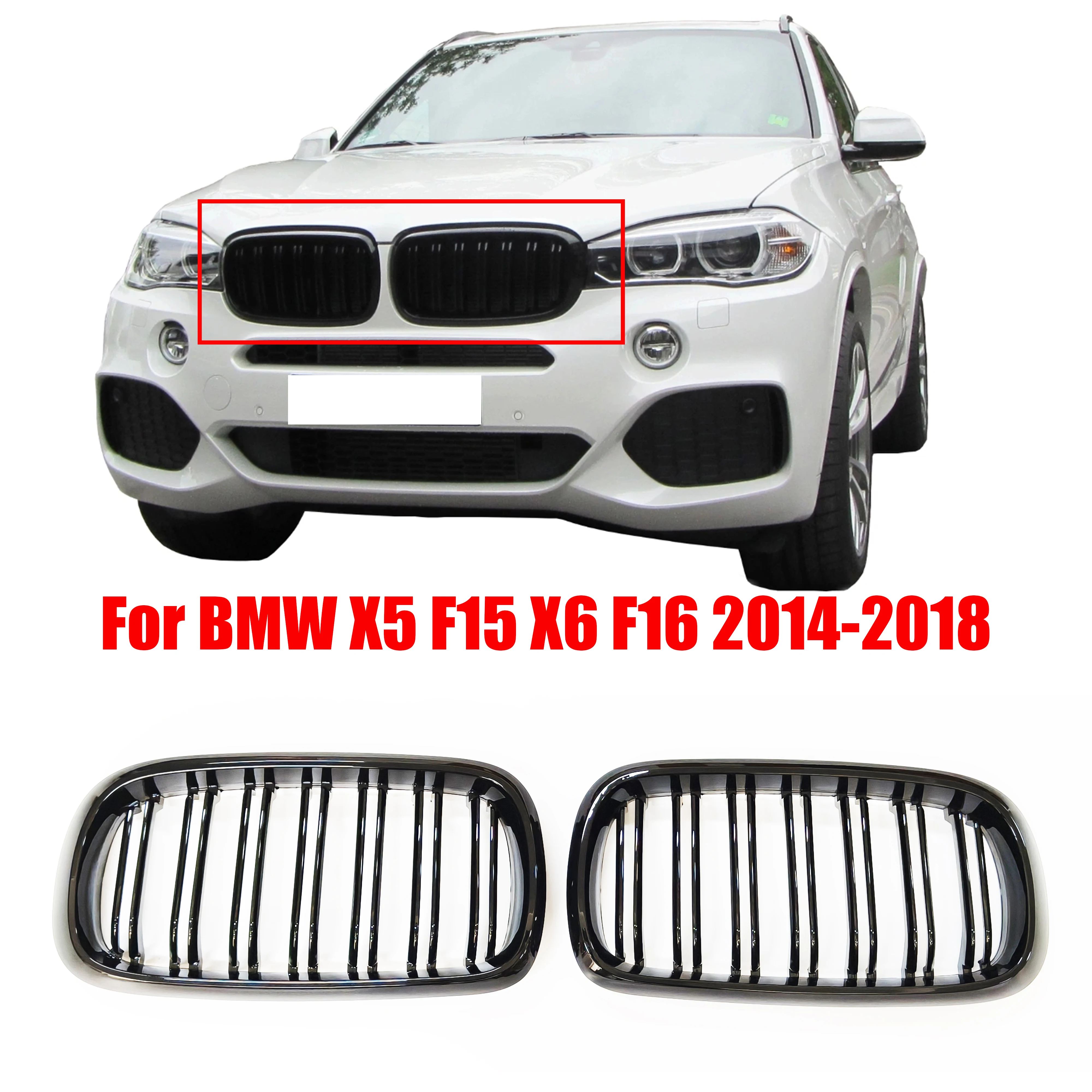 Front Kidney Double Slat Racing Grille For BMW X5 F15 X6 F16 F85 F86 2014-2018 Glossy Black Front Bumper Grill