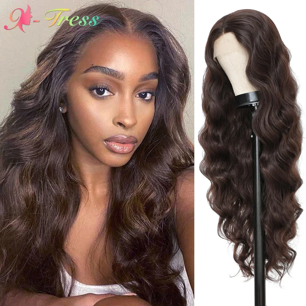 X-TRESS Synthetic 13x6 Free Part Lace Wigs with Baby Hair Charming 32 Inch Long Body Wave Light Brown Wig for Women Daily Use