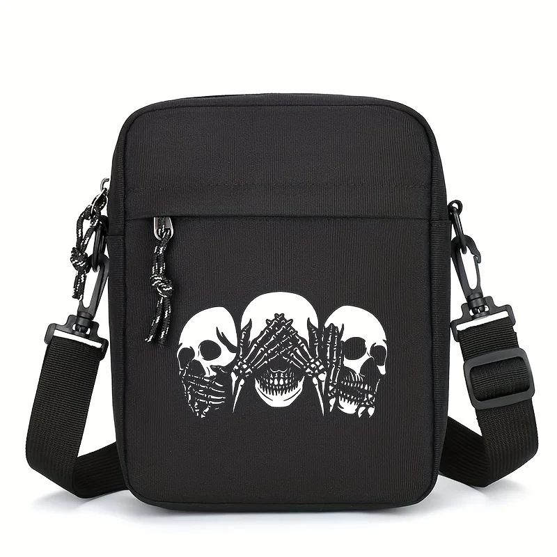 Vintage Men's Skull Print Shoulder Bag Lightweight Versatile Fashion Casual Oxford Canvas Crossbody Bag Outdoor Mobile Phone Bag