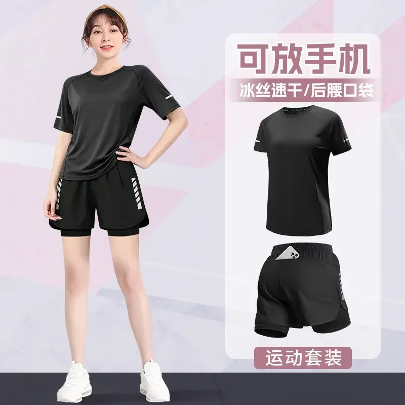 Summer sports outfit women's silky quick-drying shirt short-sleeved shorts new style for outdoor running marathon training