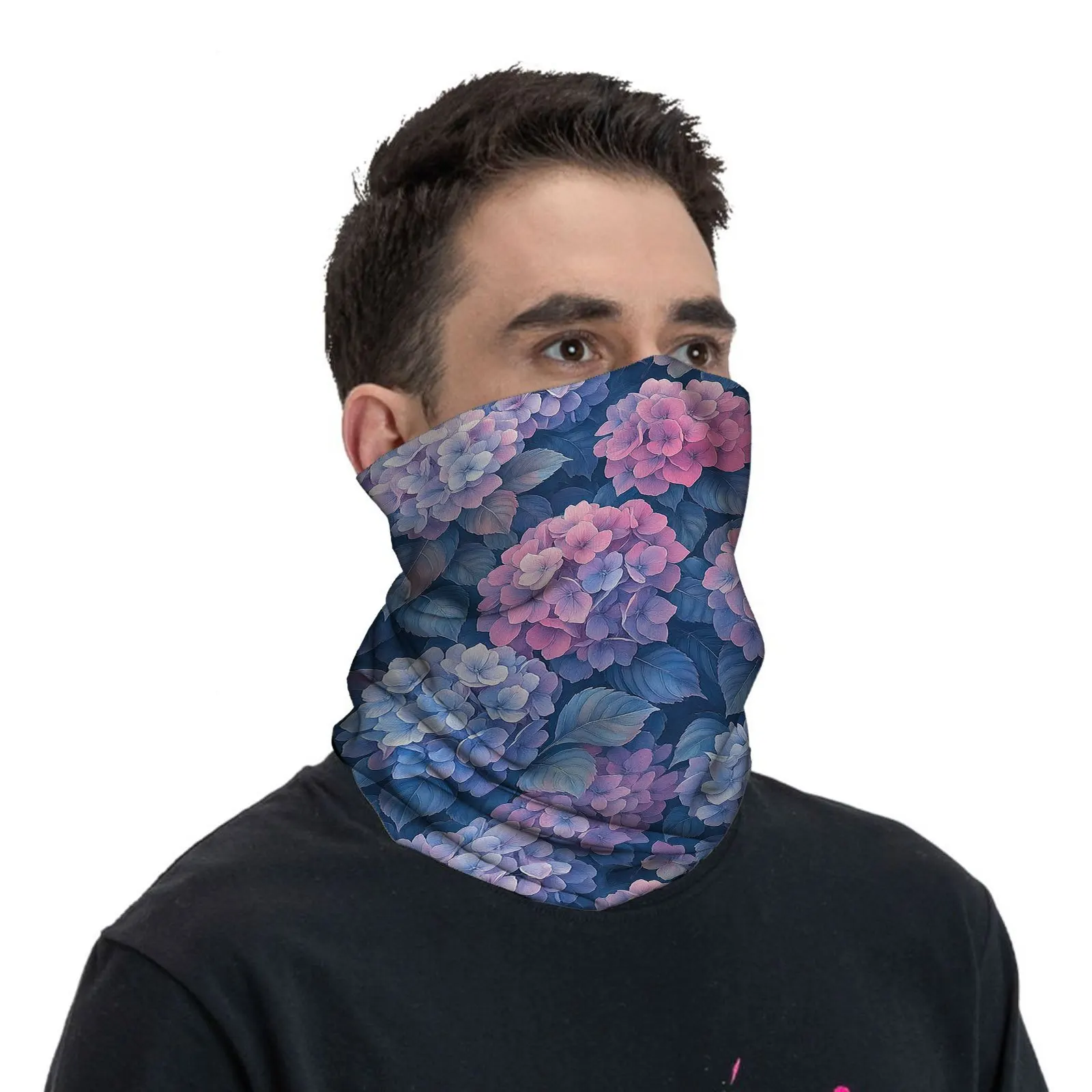 Customization Vibrant Hydrangeas Pattern, Shades Of Pink And Blue, Leafy BackgroundPrint Scarf, Multi Functional Scarf Men Women