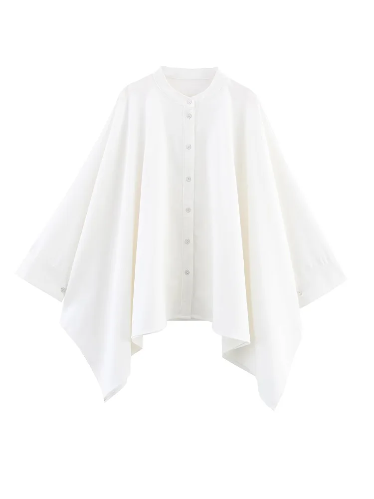 

2025 new women's clothing European and American style fashionable versatile linen blended button-down cape shirt
