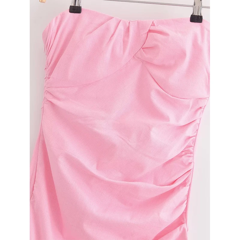 YENKYE Sexy Women Ruched Strapless Midi Dress Fashion Side Slit Holiday Party Vestidos Female Summer Dresses Navy Blue Pink