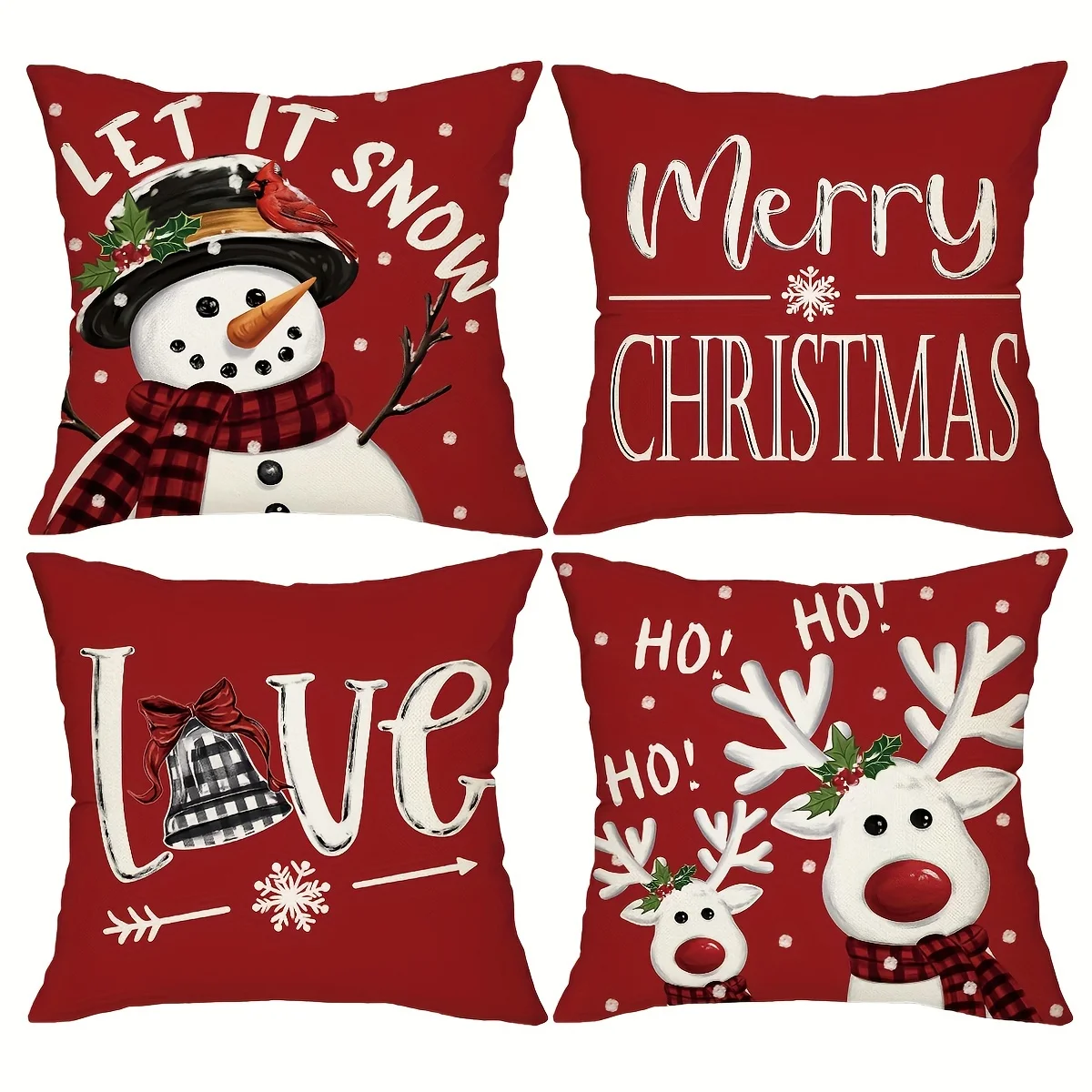 Festive Red Christmas Throw Pillow Covers -Snowman, Reindeer & Phrases | No Inserts, for Home Porch Patio Couch Sofa