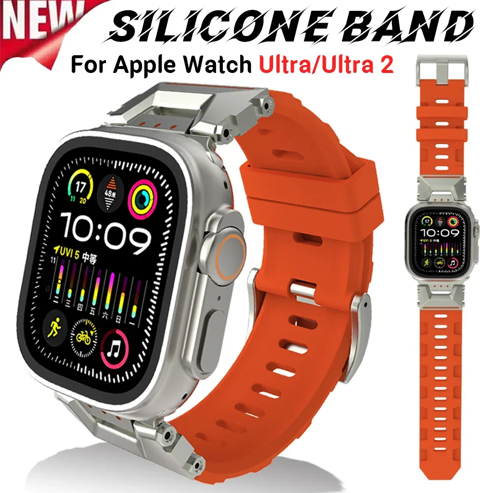 

Silicone Strap For Apple Watch Ultra 2 Band 49mm 44mm 45mm 42mm 44 mm Metal Bracelet correa iWatch Series 9 6 5 4 7 8 SE bands