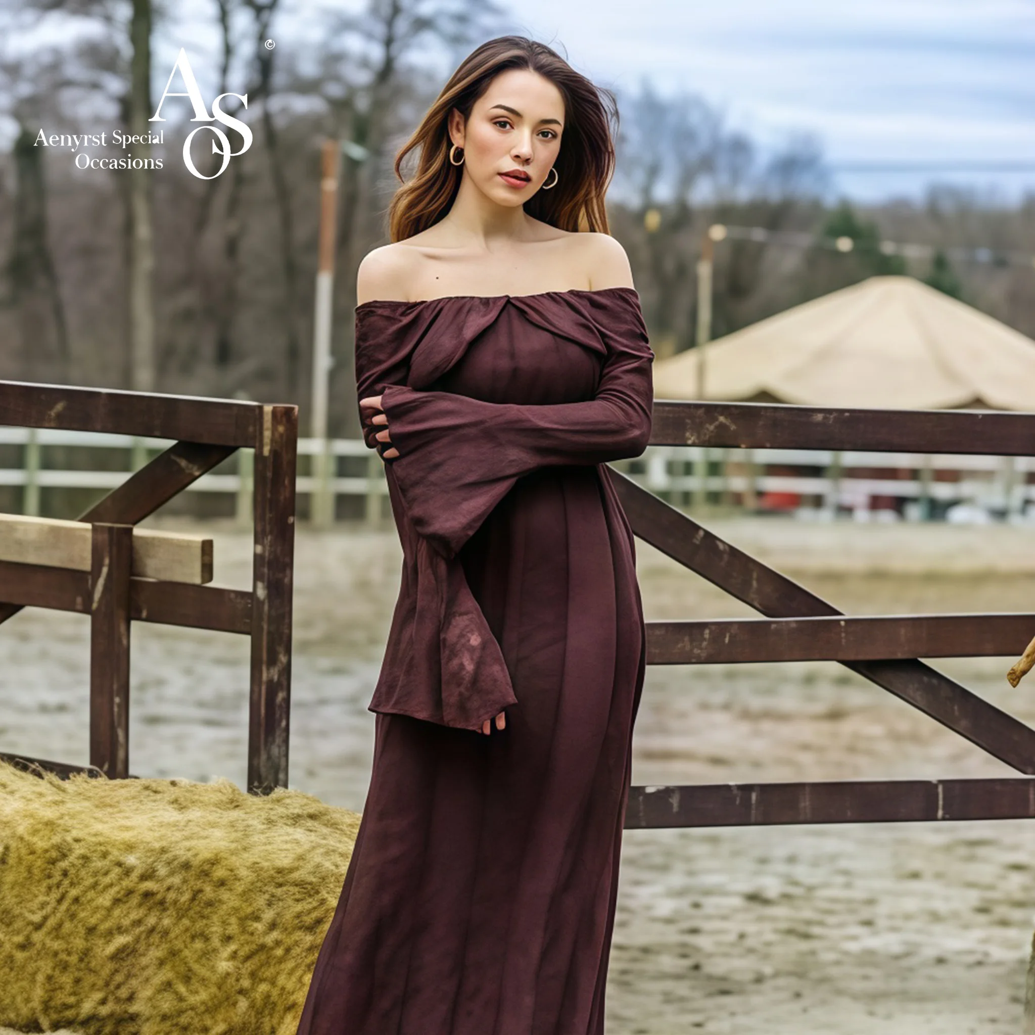 

Russet off-the-shoulder long-sleeved floor-length mermaid gown for formal occasions and balls