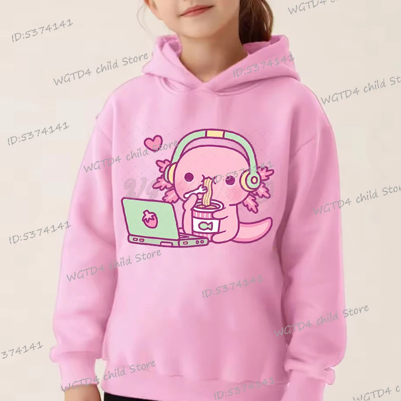 Cute Axolotl Loves Playing Video Games Hoodie Kids Kawaii Harajuku Cartoon Hoody Boys Girls Spring Pullovers Axolotl Sweatshirts