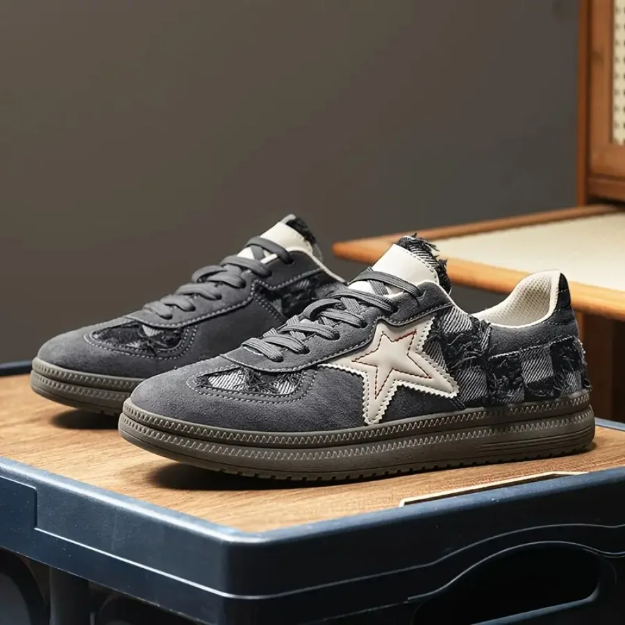 

Spring New Men'S Vintage-Style Training Shoes with Plaid Patchwork And Star Design Casual Street-Style Sneakers